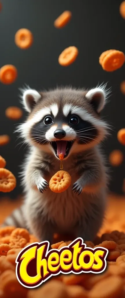 A photo of an extra fluffy baby raccoon with a surprised expression. The raccoon is surrounded by floating orange Cheetos. The raccoon has its mouth open, with a Cheeto dangling from its tongue. The word Cheetos is prominently displayed in vibrant yellow l...