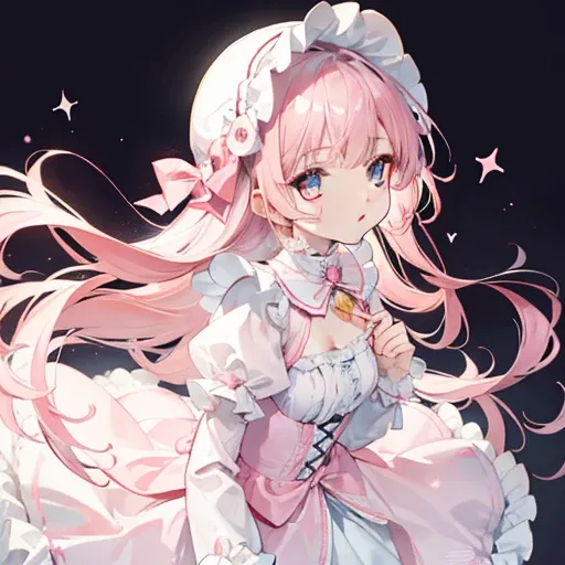 Light pink，Very smooth hair，Wearing a white and light pink Lolita，It looks light，Milky whine，Very cute，Has a gentle temperament，Its a cute girl