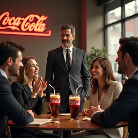 A person in a suit watches his friends drink Coca-Cola