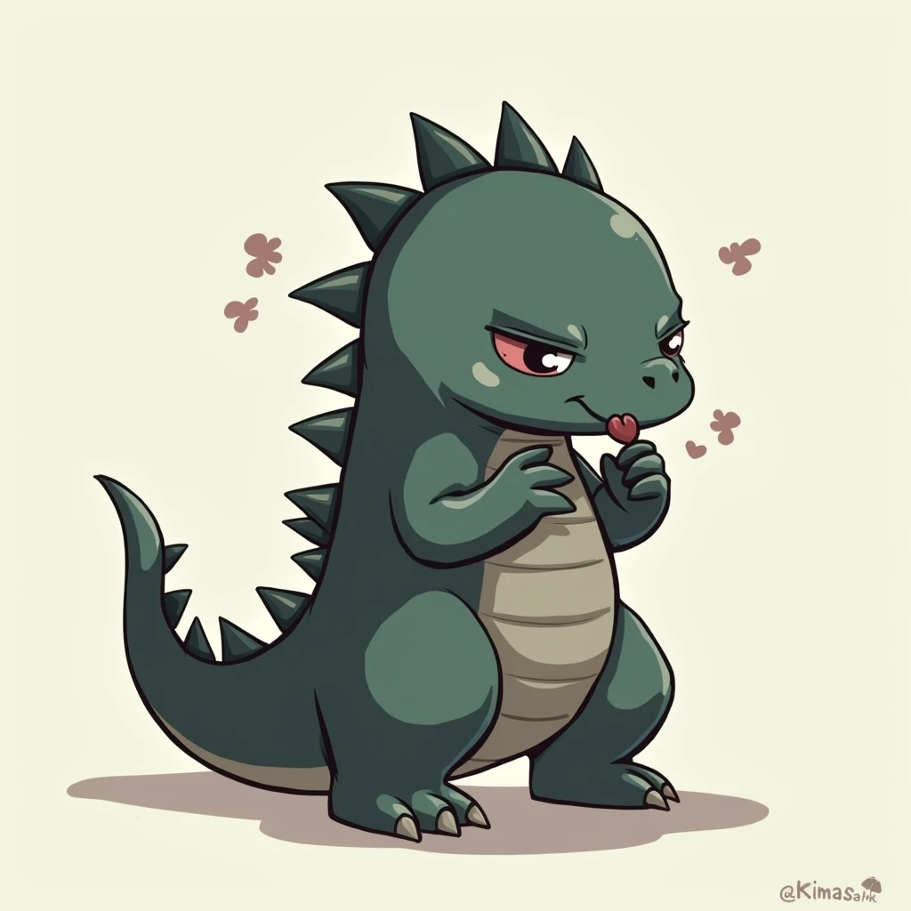 A mini cartoon-style Godzilla with an enigmatic expression, featuring dark gray or green scales and half-closed eyes, as if he were keeping a secret. He is slightly tilted to the side, with one hand in front of his mouth in a "shhh" gesture, while the othe...