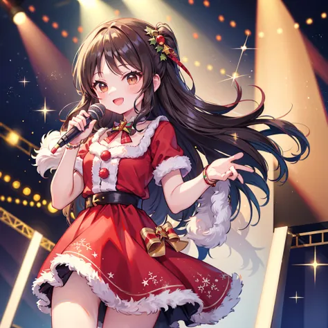 　 Masterpiece 　 top quality　Singing on stage　 reach out　smile　front　 Spotlight 　 Christmas　Santa Girl