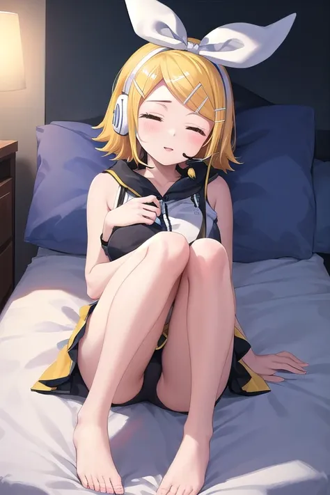 ((best quality)), ((masterpiece)), (detailed),1girl。Kagamine Rin。 headset 。 bed。Sleep with your legs extended。 is sleeping。