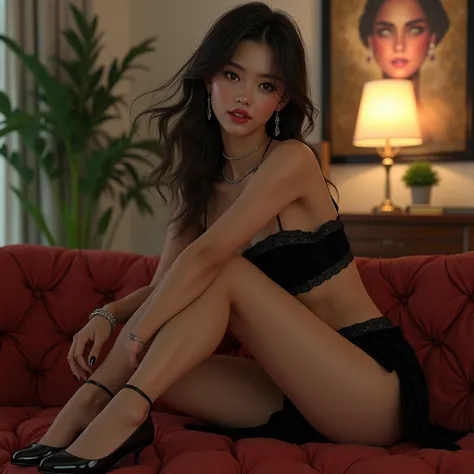 ((Shiori Suwano)), , (( Octane Rendering )),  original photo, CG,  Side Facing Camera ,  extremely sexy , (( Long Stretch Earrings , Bracelet, Anklet, necklace)), lace情趣內褲, Strapless patent leather corduroy top , lace邊黑色超薄印花絲襪,  Ultra High Heel Thin Heel H...