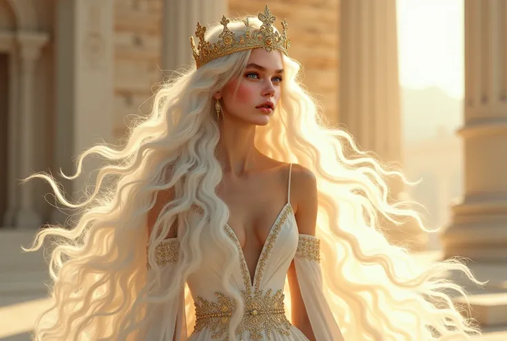 A woman with abundant and wavy white hair , with a crown.  wearing a majestic white dress with delicate gold designs. supported by an ancient white architecture .  posing as a queen . the sun giving her .