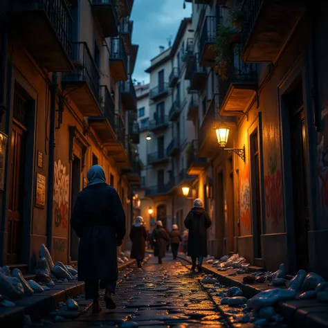  On the cold and dark night of Barcelona ,  a group of street Arabs walk the forgotten streets ,  where the light of the lanterns barely touches the dirty asphalt . Their faces,  marked by misery ,  are hidden under hoods ,  while their steps echo in the h...