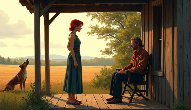  Imagine a red-haired woman standing talking to a handsome homely man sitting on the porch of a farm, a dog in the background howling in the afternoon . Drawing Format