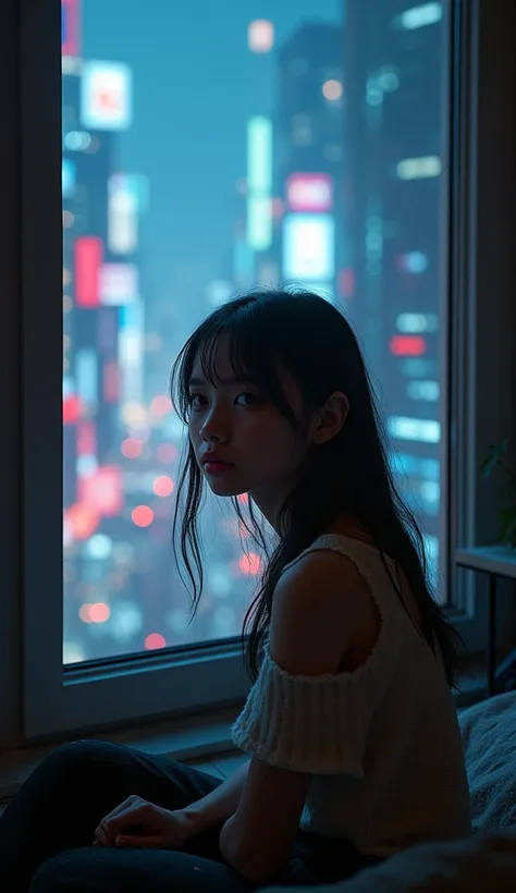 intricate cyberpunk cityscape outside window, 1 girl sitting in room, beautiful detailed eyes, beautiful detailed lips, extremely detailed face and portrait, cinematic lighting, dramatic shadows, neon lights, glowing technology, moody atmosphere, volumetri...