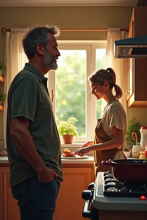 A man stands watching his wife cook in the kitchen 