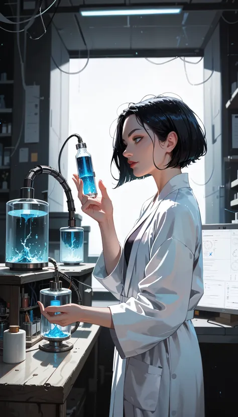 Score_9, score_8_up, score_8, score_7_up, a scientist woman, black hair, Bob cut hairstyle, lab robe, ((strange electric device in one hand)), inside of a laboratory, year 1925, Lovecraft atmosphere, dark atmosphere, expressiveh, Th1sUs3r, concept art, 