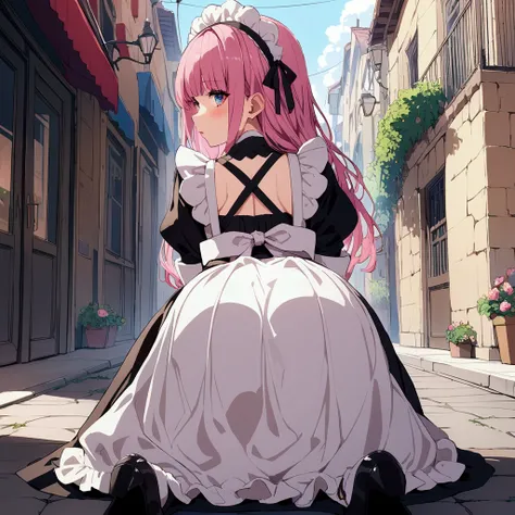 The pink hair maid on all fours on the street, view from behind