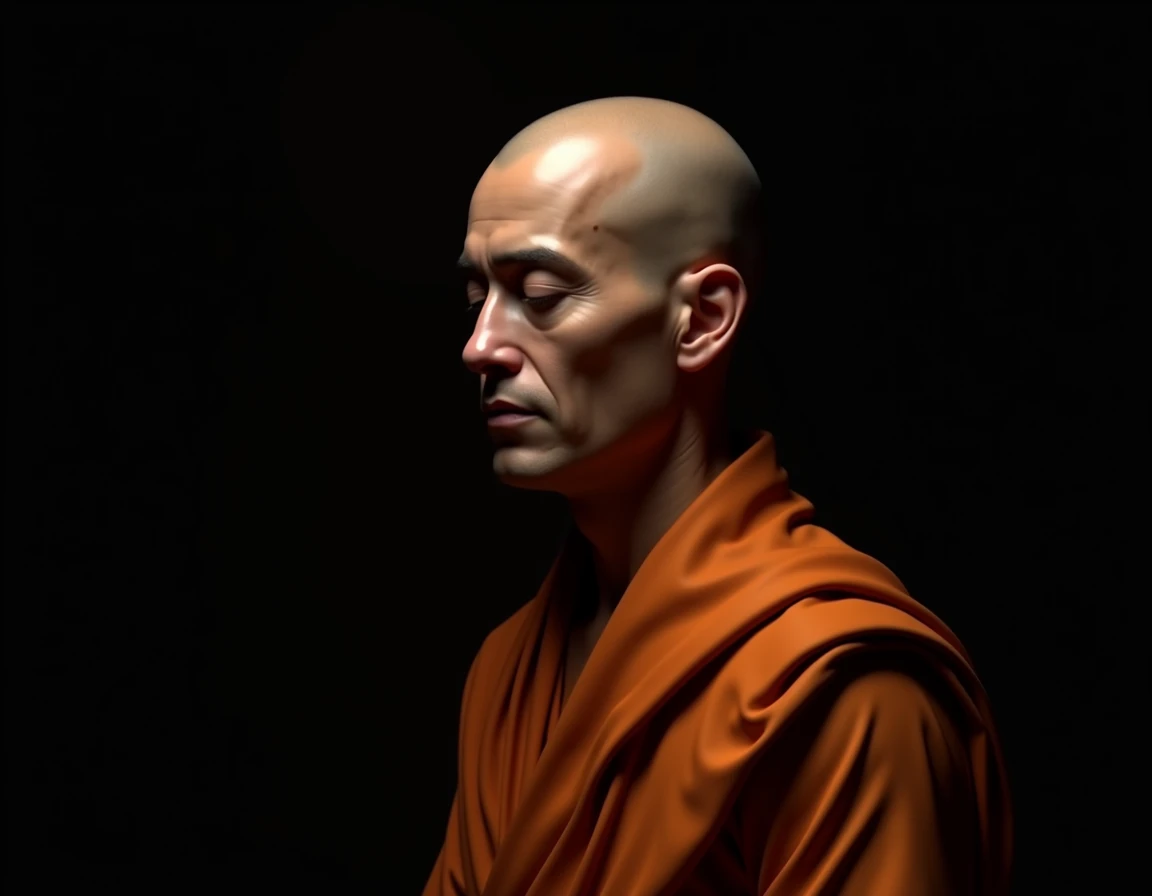  Adult monks with a serene face and illuminated orange robe
A bald adult monk , with a calm and mature look , wearing an orange robe .  He is in deep meditation ,  with soft lighting designed to highlight facial lines and robe folds,  all on a solid black ...