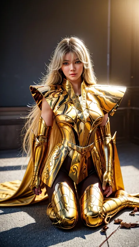 (((1 woman)))  a hyper realistic ultra detailed photograph of a pretty photorealistic Camus at agreek ruins background, tattered Libra gold half shiny metal armor, long yellow hair, Blue eyes, dynamic pose, detailed symmetric beautiful hazel eyes, full bod...