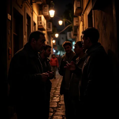  n the darkness of Barcelonas night ,  a group of street Arabs meet in a secluded alley ,  surrounded by shadows and the distant echo of the city .  Their low and harsh voices are mixed with the cold wind , while they discuss in Arabic ,  their faces illum...