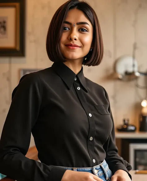 Create an exceptionally detailed and ultra-realistic full-body portrait of a 21-year-old Indian woman, capturing her unique beauty and individuality. She features a chic bob haircut and a petite frame, complemented by striking big blue eyes that stand out ...