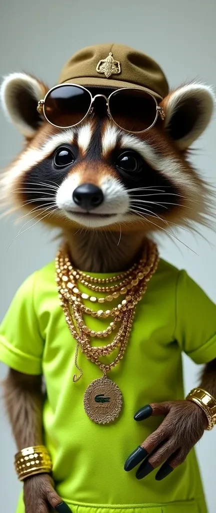 A photo of an extra fluffy baby raccoon and Kermit the Frog dressed to impress. The baby raccoon wears a neon green Lacoste shirt, oversized sunglasses, numerous gold necklaces, and a luxurious roller bracelet. Kermit wears a newsboy cap and a dapper coat....