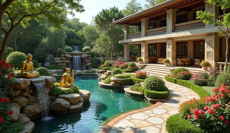 "A lush, vibrant garden with cascading waterfalls, koi ponds, and gilded statues amidst an assortment of rare flowers. Pathways lined with polished stone and intricate mosaic patterns lead to a grand, multi-level terrace with luxurious outdoor seating."