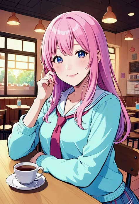 An anime happy girl with vibrant pink hair and expressive blue eyes, smiling, wearing a school uniform, sitting alone at a cafeteria table, soft pastel colors, highly detailed, in the style of Makoto Shinkai, whimsical and emotive atmosphere, subtle shadin...