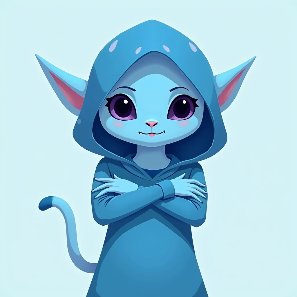 A 2D illustration of a blue alien with a hood, featuring the appearance of characters from the Adventure Time animations on Cartoon Network, with crossed arms, pointed ears