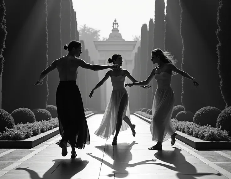 In a majestic place with a garden decorated in black and white, do a contemporary dance that represents the conflict between both emotions and their reconciliation.