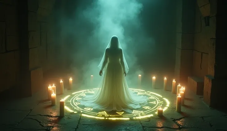 ghostly figure standing in the center of a glowing ritual circle in a dark cellar. Her expression conveys pain and hope as she delivers a final message. The ground is etched with ancient symbols, and flickering candles surround the circle. The air feels he...