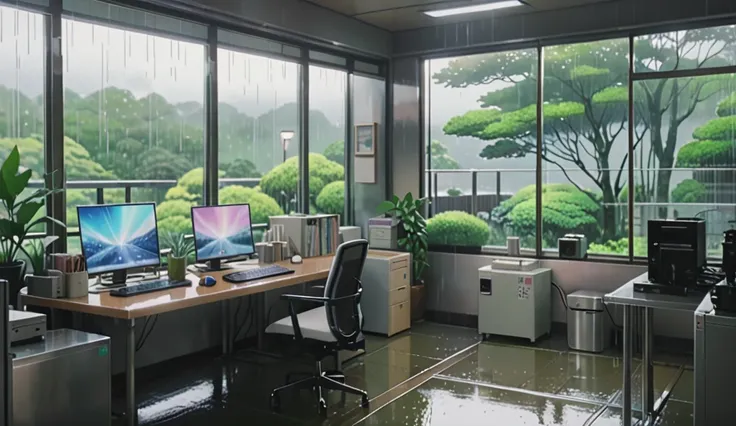  A magical scene from a work environment , on a rainy afternoon ,  captured by Makoto Shink ai ,  soft color palettes that enhance the atmosphere, Lo-fi music ,  adding a unique sound layer ,  atmosphere of serenity and conviviality  ( best quality ), (8k ...