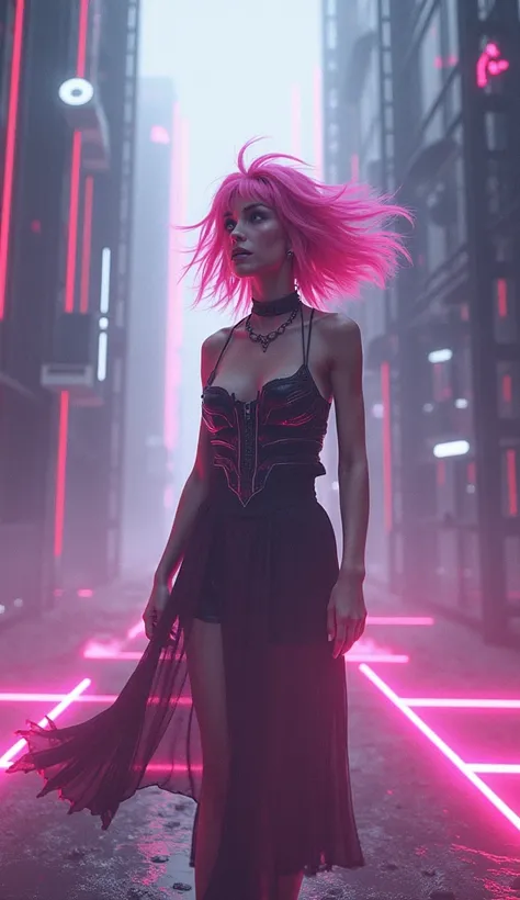 Cyberpunk, pink hair, futuristic, surreal, ultra-wide, wide-angle lens, looking up, dynamic movement, expressive, vibrant, sacred cinematic edges, laser hologram