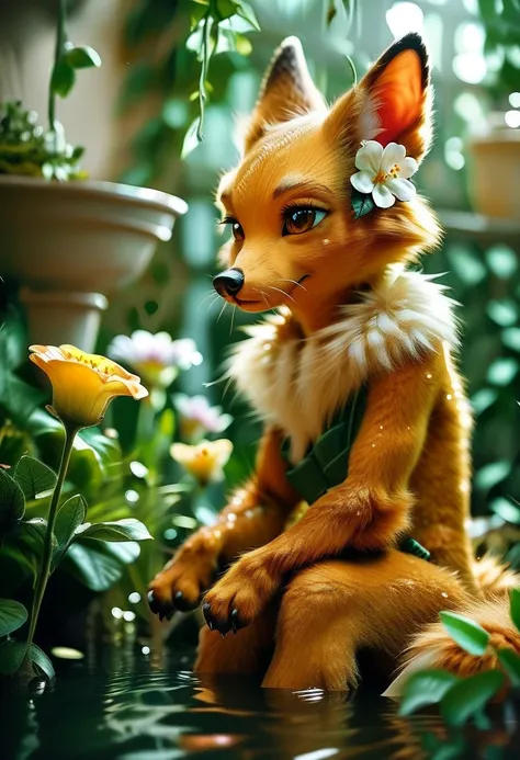 fox, (monster girl), long brown ears with darker brown inside, brown fur, tan neck fluff, brown fluffy tail with a tan tip, large brown eyes, wearing modest clothing, sitting in a flower garden, masterpiece, best quality