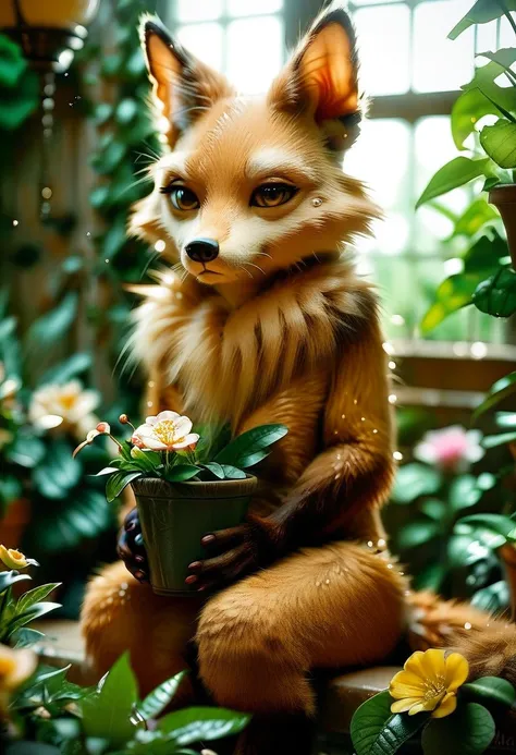 fox, (monster girl), long brown ears with darker brown inside, brown fur, tan neck fluff, brown fluffy tail with a tan tip, large brown eyes, wearing modest clothing, sitting in a flower garden, masterpiece, best quality