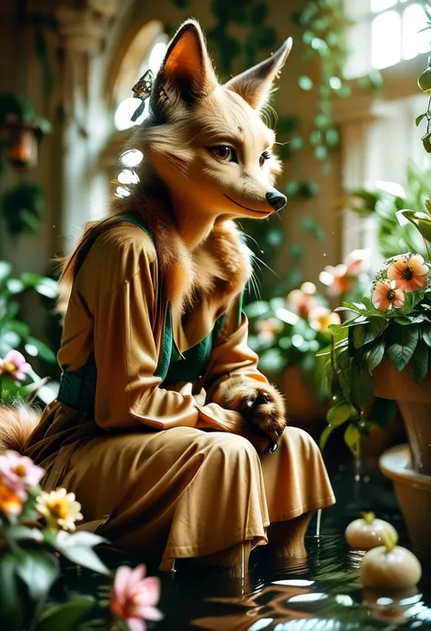 fox, (monster girl), long brown ears with darker brown inside, brown fur, tan neck fluff, brown fluffy tail with a tan tip, large brown eyes, wearing modest clothing, sitting in a flower garden, masterpiece, best quality