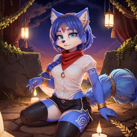 A portrait of  ((krystal)), Star Fox-Krystal, lovable, green eyes, ((( long blue hair 1 .3))), Decollete, anthro, Fuzzy, alone,  detailed Fluffys fell,  detailed face , (Fluffy),  1 girl, , fubukibase,  white blouse ,  severed sleeves , black shorts,  blue...