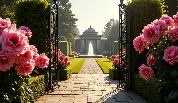 "A glamorous garden with oversized, luxurious rose bushes in deep shades of purple and gold. Elegant wrought iron gates open to a majestic labyrinth of immaculate lawns and water features that sparkle under the sun."