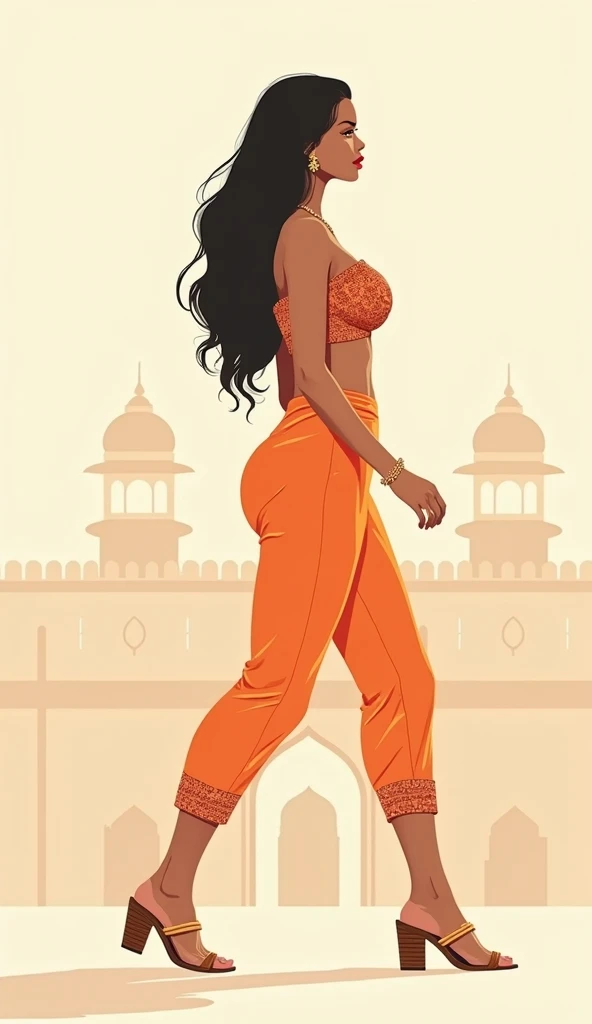 minimalist indian fashion illustration, side view, full body portrait of a gorgeous voluptuous big busted indian woman walking, from indian subcontinent, full red lips, light brown skin, indian ornaments, smooth wavy long hair, very big boobs, light orange...