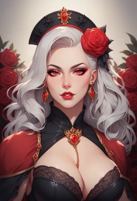 Create a digital painting of a mysterious character with long, flowing silver hair and striking red eyes. She wears an elegant, dark outfit adorned with gold accents and has a red rose in her hair. The background features dark, ornate patterns with hints o...