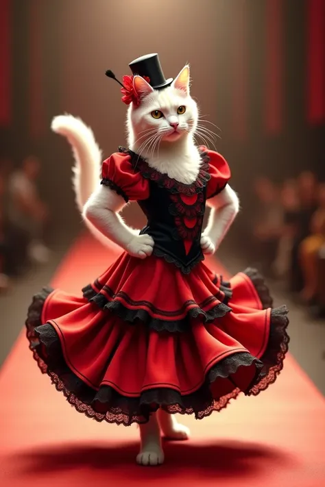 Mana, siz soragan 6-chi kiyim (Flamenco) boyicha togri tasvir uchun yangilangan prompt:

"A white cat standing confidently on a runway, dressed in a traditional Spanish Flamenco dancers outfit. The cat wears a vibrant red and black flamenco dress, with ruf...