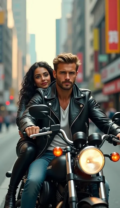 realistic photo of a handsome man carrin in his moto a (pretty girl, 20 years old, brunette, black eyes) at street across city, (full lips) , ((perfect face)), [[mild smile]], proportionate body,mixed herritage, beautyfull, beautyfull face, tanned skin, tw...