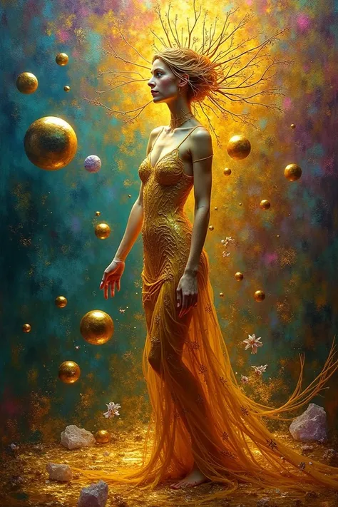 Beautiful line art photo，Use gold strokes and rainbow paint，Golden Maiden，the golden ratio，Melted wax，Visible brush strokes，surrounded by crystal spheres，3D Mosaic Wireframe，neuroimaging，neurons，The Tree of Life，colours，California，intense emotion，oil on th...