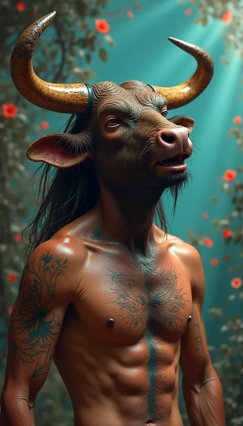 Surreal psychedelic works of art, a naked man with a bulls head, with a painted body laughing、The erotic atmosphere is(The highest quality is)4k,8k、High resolution:Masterpiece: 1.2),Superdetalization(Real、Photorealistic、Photorealistic:1.37)Super detailed a...