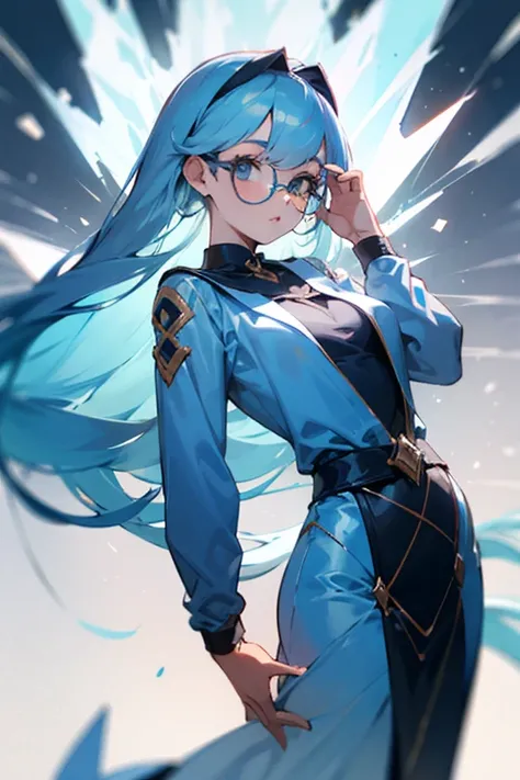 Beautiful teenage girl with light blue and long hair, with a student costume and nerd glasses, with ice powers