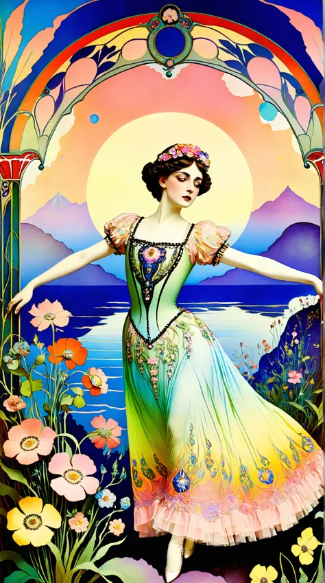 whimsical Jugendstil scenery, legendary Russian ballet scene by Leon Bakst, dreamy colorful backdrop, nostalgic breathtaking hues, subtle serialism fantasy elements, pastel rainbow colors, whimsical fabric patterns, ornate intricate details, delicate flowe...