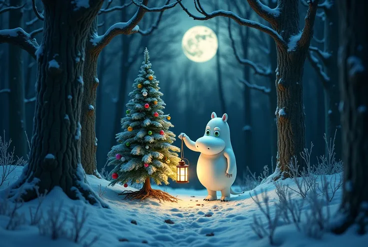 High-quality, in a realistic graphic style (FULL FOCUS ❗) photograph of a snowy, dark forest with shaggy trees High-quality (FULL FOCUS ❗) (photo of MOOMINTROL with a LANTERN), (HE lights up a DECORATED FLUFFY, CHRISTMAS, DECORATED WITH MULTI-COLORED BALLS...