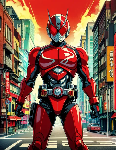 kamen rider, soviet union, retro ,1980s, action hero ,transformation, superhero, vintage, sci-fi, armor, dramatic pose, cityscape, nostalgia, comic style

