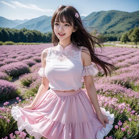 laughing out loud，In the lavender flower field, (knee shot),  1 girl, long hair, Slender body shape, 超face slimming型, face slimming, delicate lips,  pretty eyes, thin blush, Eyes are light brown,View here, (actual:1.3), 8k, ,  super detailed,  High Quality...