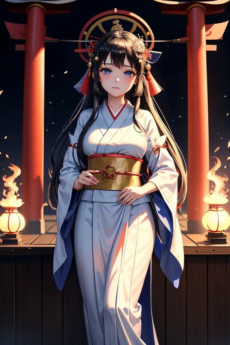 (masterpiece:1.4, best quality:1.4, ultra detailed:1.3, highres:1.2)
(beautiful shrine maiden:1.4, young girl:1.4, dignified:1.3, ethereal beauty:1.3)
(long black hair:1.3, deep blue eyes:1.3, clear pale skin:1.2)
(white hakama:1.3, blue shrine maiden outf...