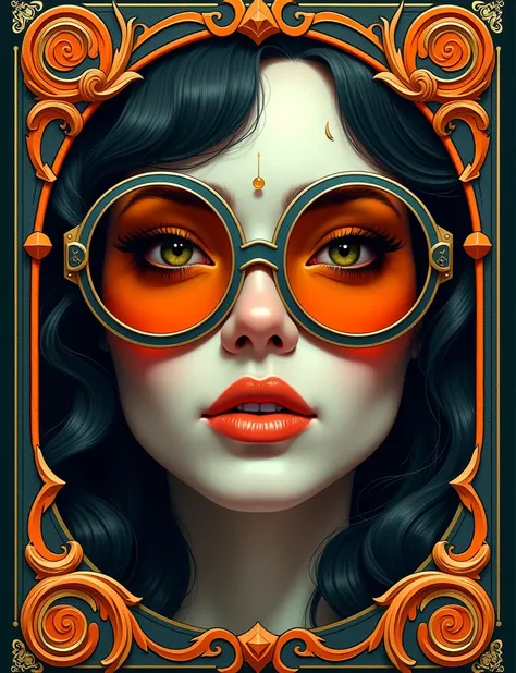 Woman in sunglasses, close-up, fantasy art elements, orange accent details, trending CGSociety, acclaimed Adobe Stock, Alphonse Mucha style, 4K resolution, symmetrical composition inspired by Andrei Riabovitchev, ornate detailing reminiscent of Dan McPharl...