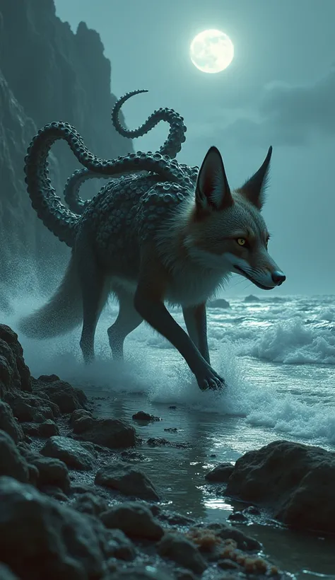 Hybrid Prompt: A cunning fox with writhing octopus tentacles sprouting from its back skitters across a rocky shoreline, its shadow stretching grotesquely in the moonlight.