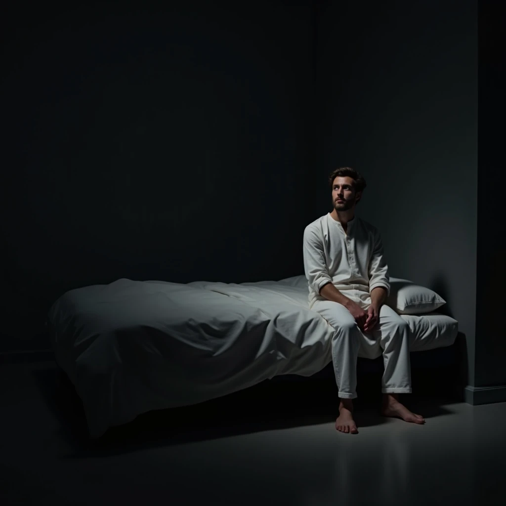 " A dark and mysterious room with a minimalist configuration .  A man sitting on the edge of a simple bed with white sheets ,  positioned at an inclined angle ,  similar to a three-bedroom view . The man wears white clothes ,  is barefoot and has normal an...