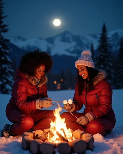 full-body shot of two pretty 25-year-old black women with feminine curves, one woman with black and blond medium big curly hair, one woman with long staight black hair. They are wearing warm and comfy ski suits. They are seated in the snow, around a firepl...