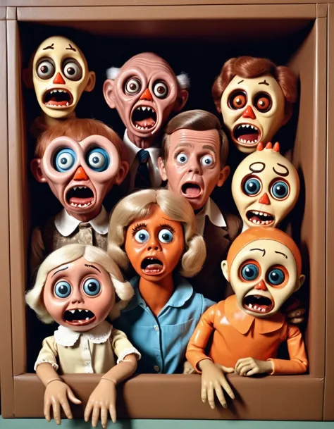 1970s style horror movie scene with strange horrific persons with horrific masks playing hide and seek. animatronic, horror, vintage toys, monster movie, horror movie, puppet, 1970s, scifi, vintage, hyperrealistic