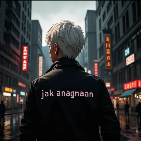 โลโก้แบบเดิม A cinematic, highly detailed illustration of a person with short white hair, wearing a black leather jacket with the words JAK ANANGNAAN in the same font and style as the original image, painted on the back. The person is standing straight wit...