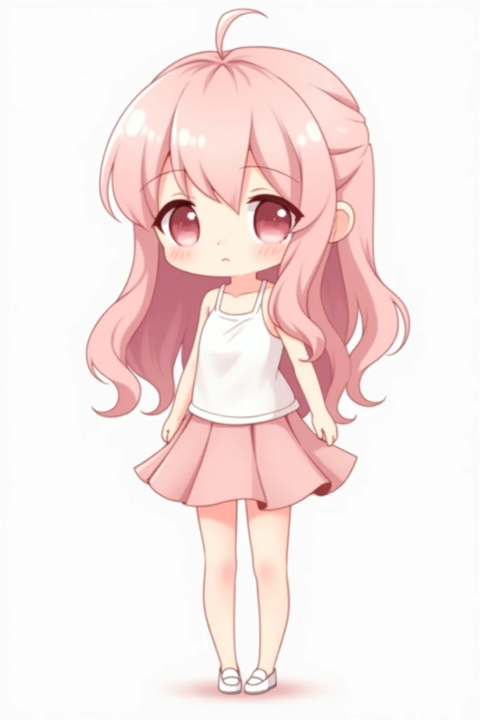 cute original character, woman, pale skin, light pink hair, pastel colors, tight white sleeveless shirt, little pink skirt, pastel pink, shy, full body, white background, long hair, white shoes 